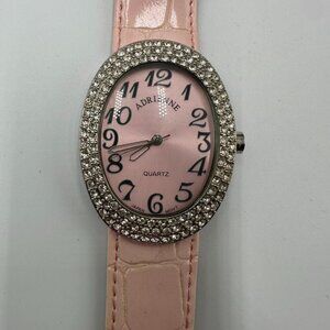 Adrienne Watch Women Silver Tone Pink Oval Dial Crystal Bling New Battery 9"